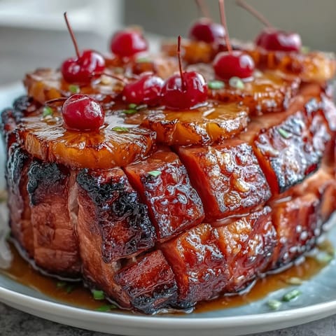 Honey Glazed Ham with Pineapple shines with glistening golden glaze and tropical pineapple rings.