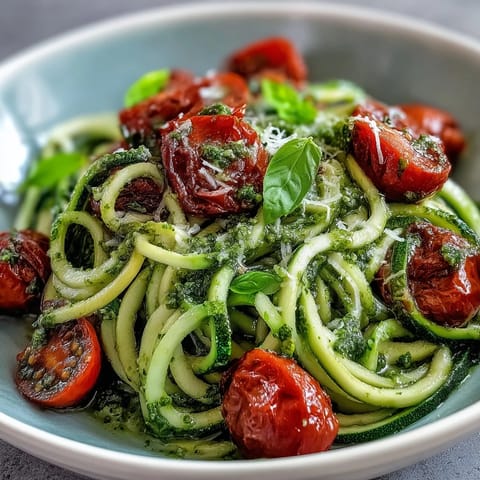 Light and fresh zucchini noodle dish with homemade pesto, cherry tomatoes, and a sprinkle of Parmesan for a satisfying vegetarian dinner.  