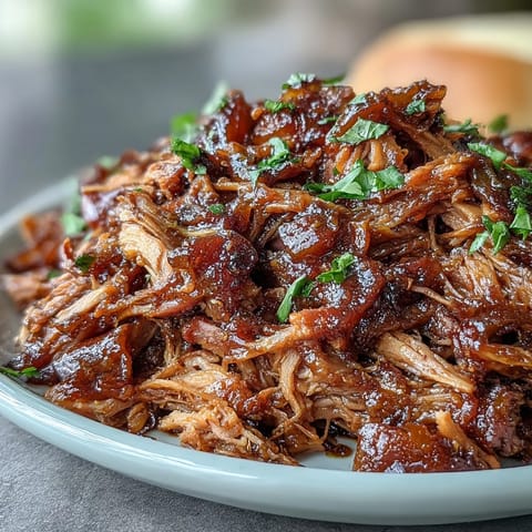Juicy pulled pork with sweet honey peach BBQ sauce, slow-cooked to tender perfection.  