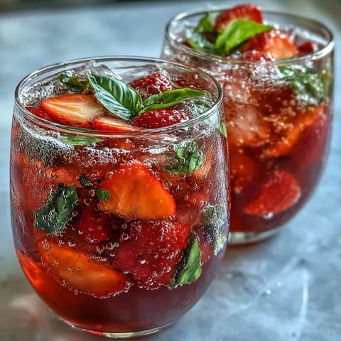 Strawberry Basil Sangria Mocktail in a clear pitcher with vibrant fruit slices and fresh basil leaves, served over ice with sparkling bubbles.