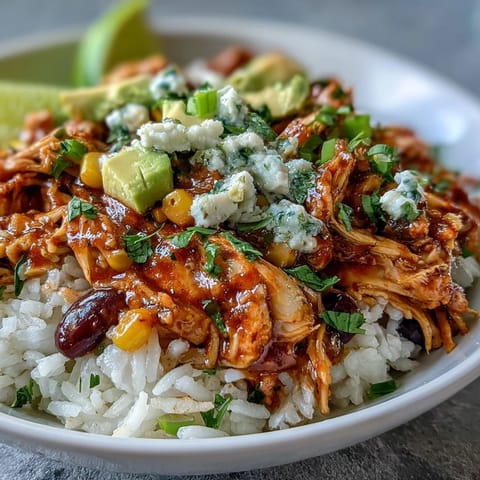 A colorful bowl of salsa chicken over rice with black beans, corn, and fresh avocado slices.  