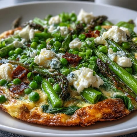 Asparagus and pea frittata with creamy goat cheese, fresh herbs, and tender vegetables.