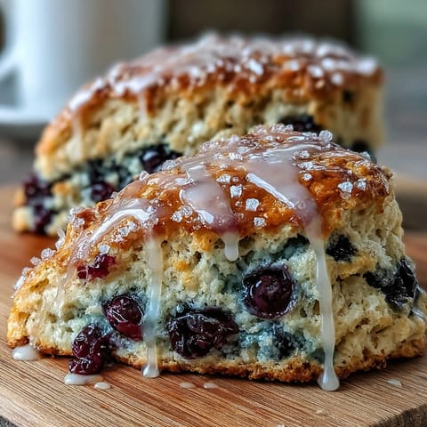 Freshly baked lemon blueberry scones with a golden crust, juicy blueberries, and a tangy lemon glaze.
