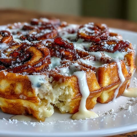 Golden waffles with a cinnamon-sugar swirl, drizzled with creamy vanilla glaze, ideal for a sweet and indulgent morning treat.