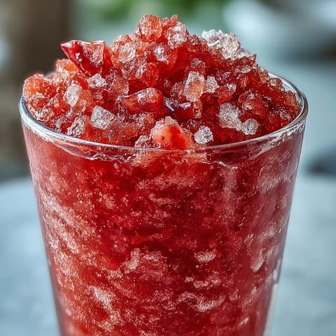 Close-up of a vibrant Frozen Strawberry Lemonade Slushie, frosty and refreshing.