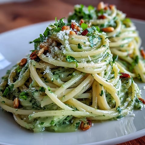 Creamy Avocado Pesto Pasta with vibrant basil, ready to serve.