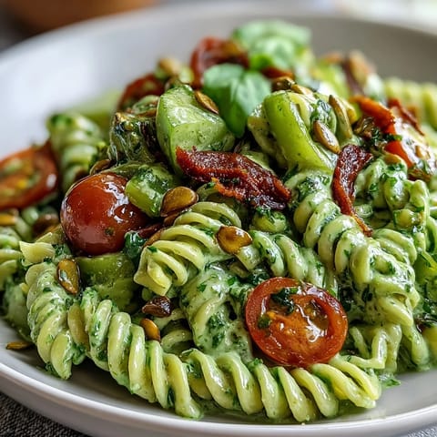 Creamy green goddess pasta salad with fresh avocado dressing, cherry tomatoes, and cucumber, served in a large bowl with toasted pumpkin seeds.