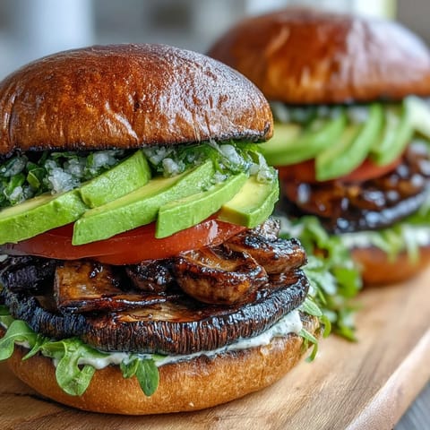Hearty vegetarian portobello mushroom burgers piled high with fresh veggies, ready to grill.
