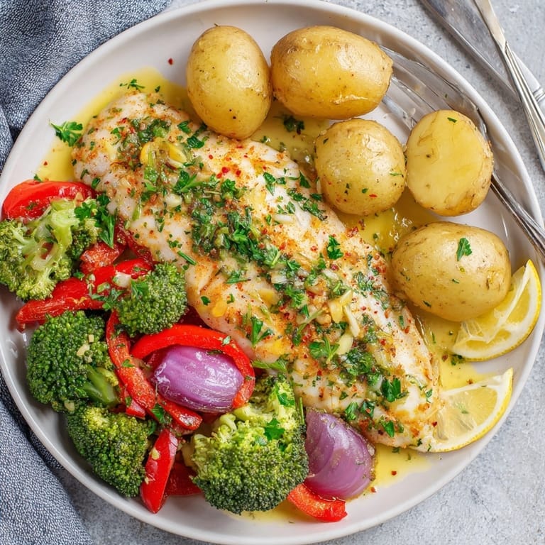 Easy weeknight dinner, Lemon Butter Tilapia, bakes tender fish with flavorful vegetables.