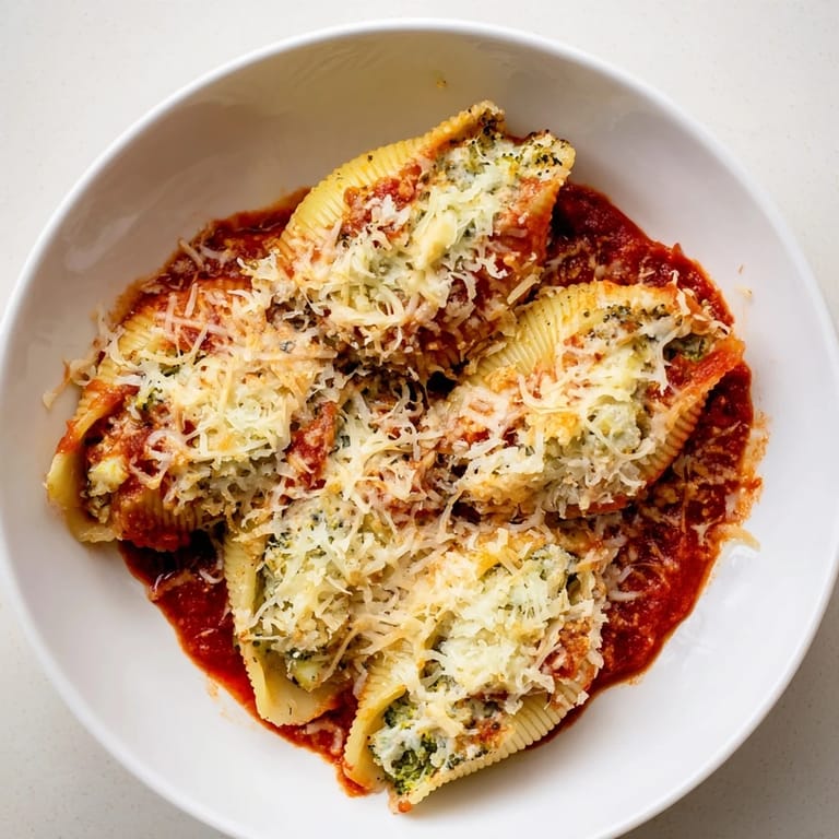 A close-up of steaming Broccoli Ricotta Stuffed Shells, covered with melted mozzarella cheese.