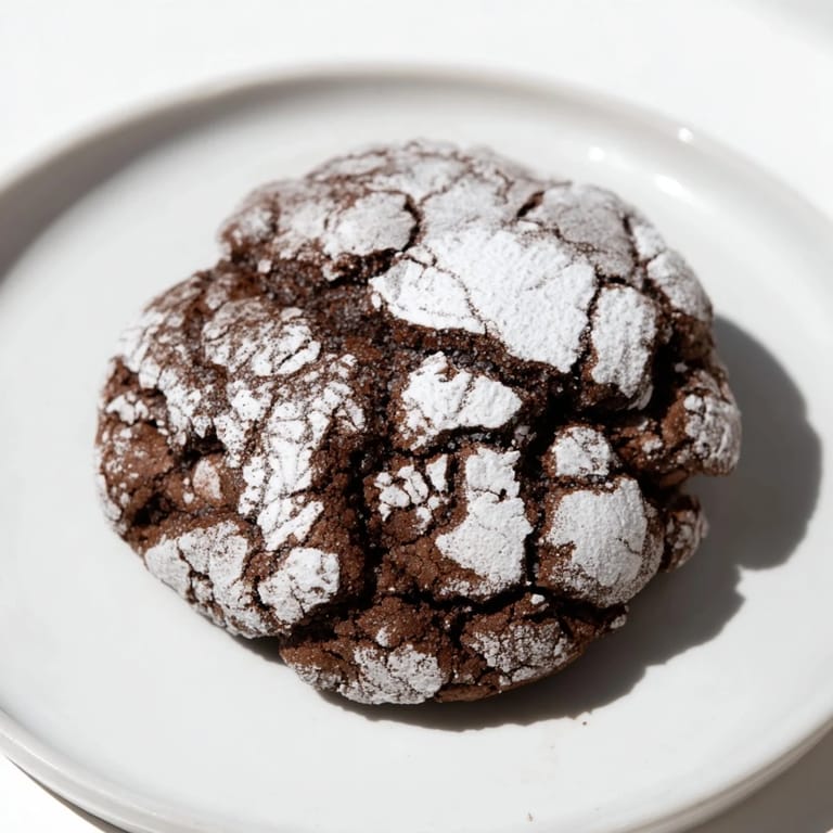 Close-up of crackled simple chocolate crinkle cookies, showcasing their soft, fudgy interior after baking.