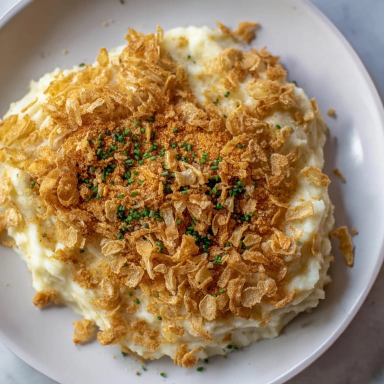 A bowl of creamy Garlic Mashed Potatoes with a crunchy fried onion topping, a savory comfort food favorite.