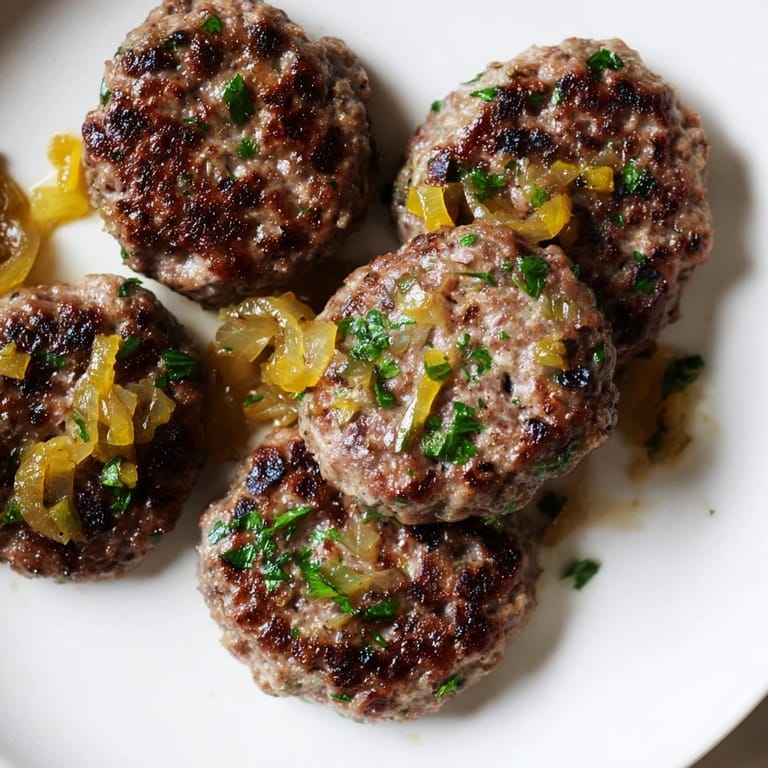 Close-up of juicy, pan-seared Frikadellen, crowned with savory onion gravy for a flavorful dinner.