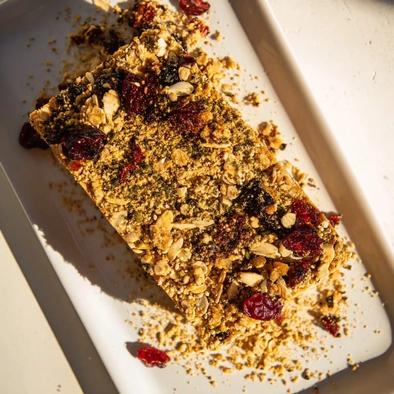 These Matcha Cranberry Oat Crumble Breakfast Bars show a chewy, textured bar sprinkled with a sweet cranberry mix.