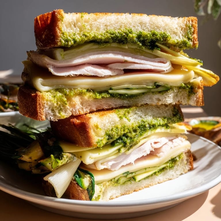 A close-up of a perfectly grilled Pesto Turkey Zucchini Grilled Cheese showcasing the gooey cheese pull.