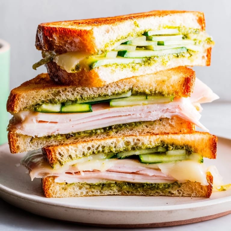 Stacked Pesto Turkey Zucchini Grilled Cheese sandwiches, showcasing layers of turkey, zucchini, and pesto, ready to eat.