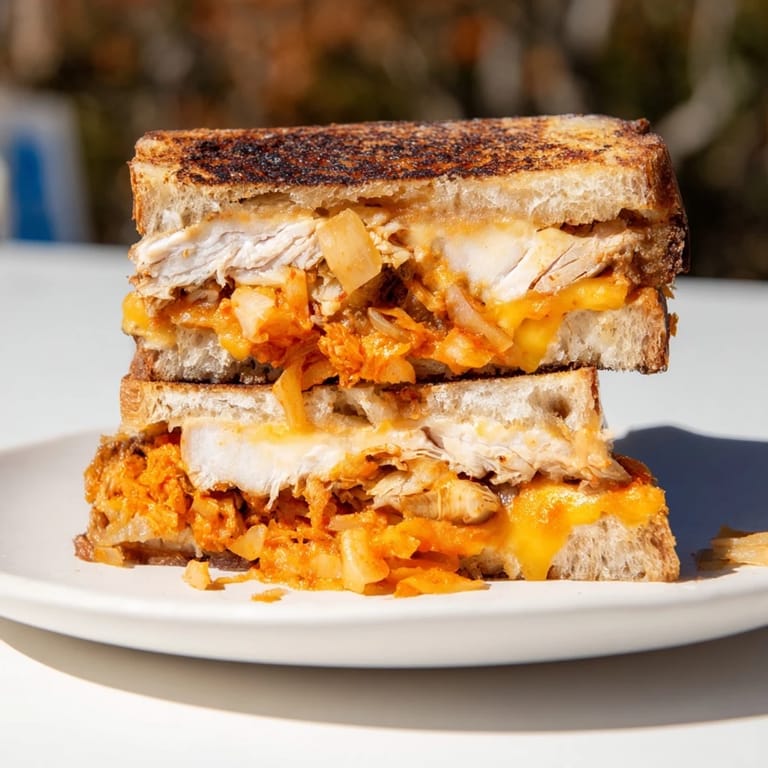 Enjoy a warm and gooey Kimchi Turkey & Cheddar Toasted Grilled Cheese with tangy kimchi filling.