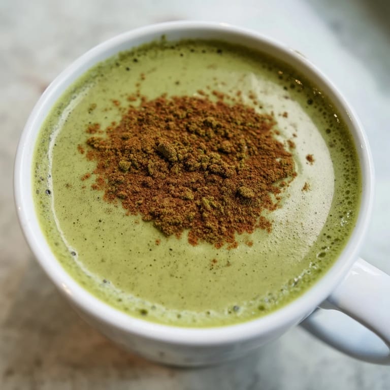 Bright green, frothy oat milk matcha latte with cinnamon, a delicious dairy-free morning beverage option.