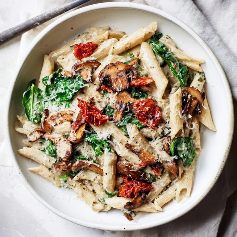 Picture a warm, inviting bowl of creamy sun-dried tomato mushroom penne skillet, ready to serve!