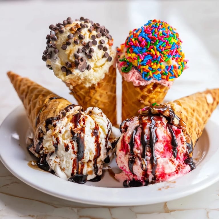 Vibrant ice cream cone grazing board showcasing colorful toppings and fresh fruits appealingly arranged.