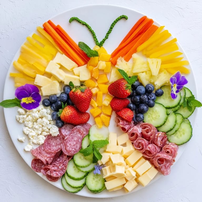 Perfect for a summer picnic, this Butterfly Summer Board features arranged cheeses and fresh fruit shaped as butterfly wings.