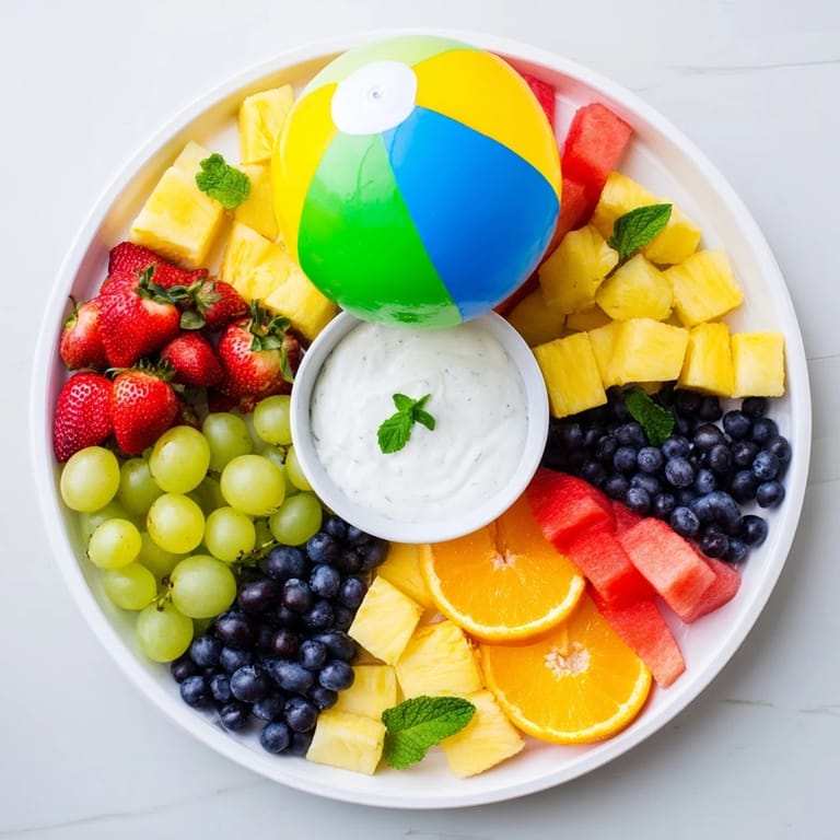 Colorful Beach Ball Fruit Platter with sweet strawberries and juicy orange wedges, perfect for summer picnics.