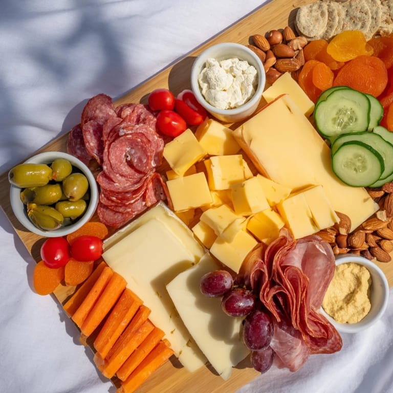 Enjoy a delicious Picnic Basket Snack Board, showcasing vibrant cheese, meats, and snacks for a feast outdoors.