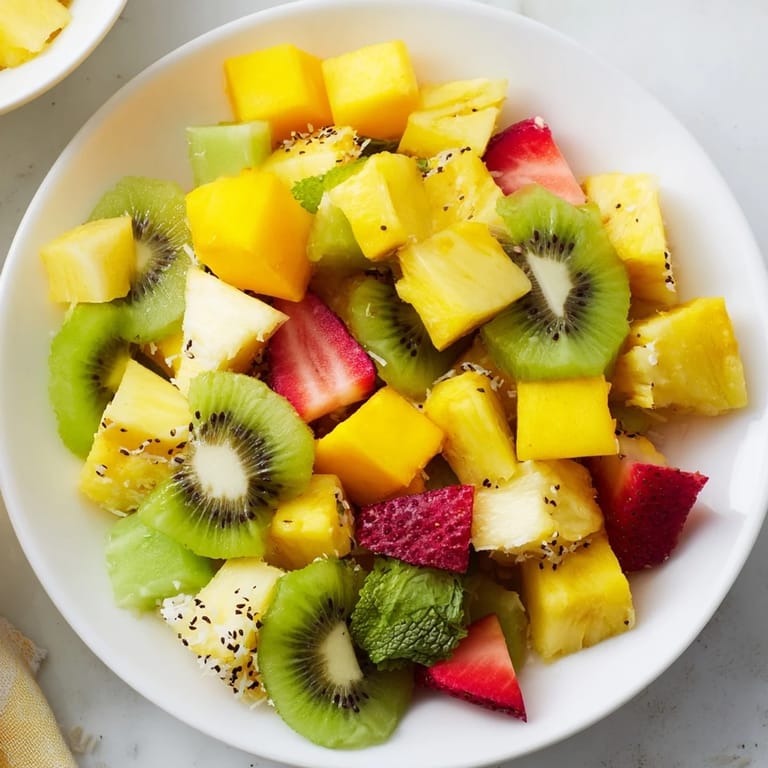 A colorful and delicious Tropical Pineapple Platter, a healthy dessert piled high with fresh, juicy fruit.