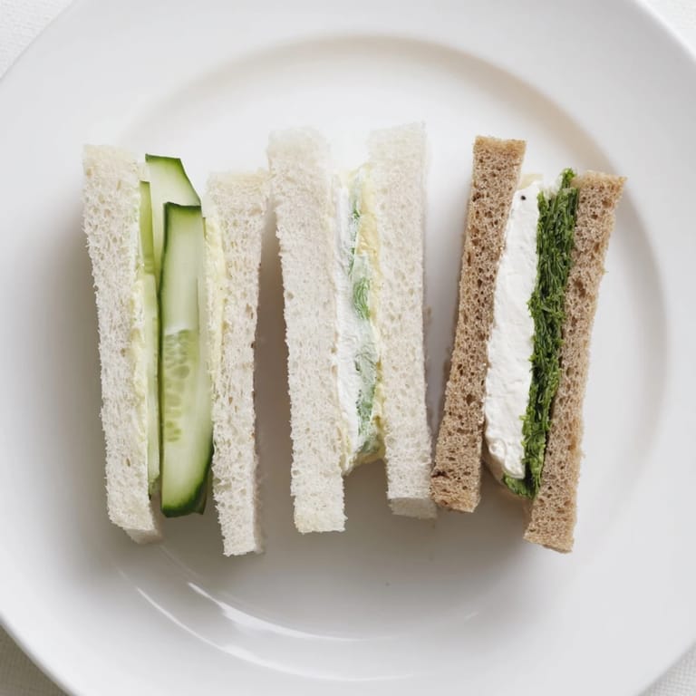 Delicate finger-sized Castle Feast Royal Tea Party Sandwiches; some with smoked salmon, others cucumber, and egg.