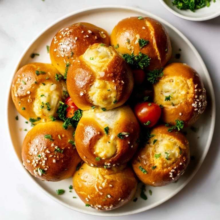 Festive Pretzel Joy Wreath, a pull-apart appetizer ready to be served with fresh parsley and tomatoes.