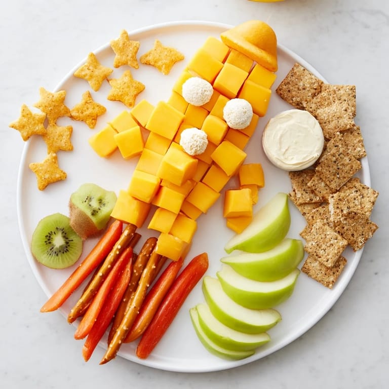 This delicious Spaceship Launch Snack Board features a creative arrangement of fresh ingredients for a party.