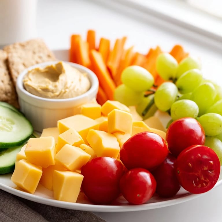 This Road Trip Snack Platter showcases a variety of pre-portioned, ready-to-eat goodies perfect for traveling.