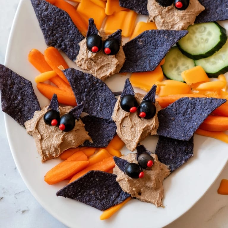 Deliciously creamy Spooky Bat Bean Dip Platter arranged with olives, colorful veggies, and crunchy chips.