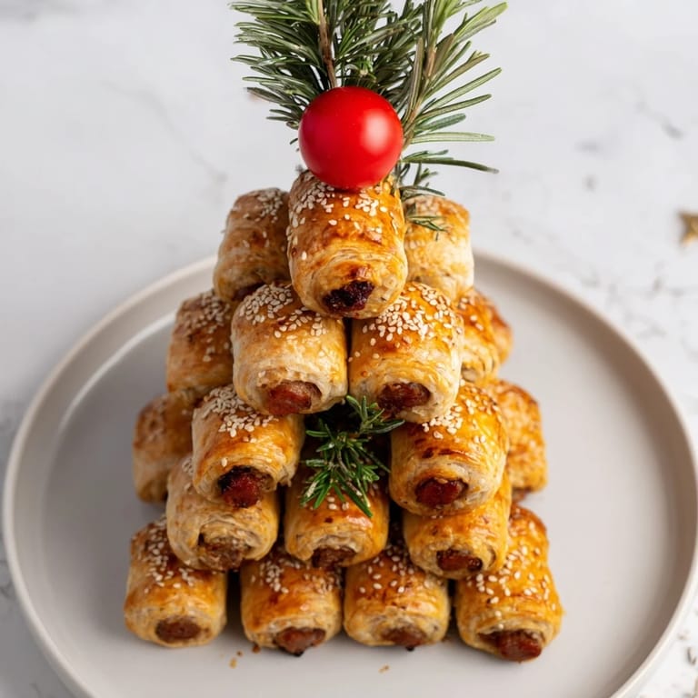 Tempting shot of a golden-brown Mini Sausage Roll Christmas Tree, a perfect holiday appetizer.