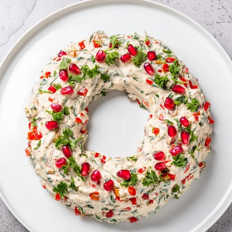 Vibrantly colored red pepper and spinach dip wreath, garnished with pomegranate, ready to be served.