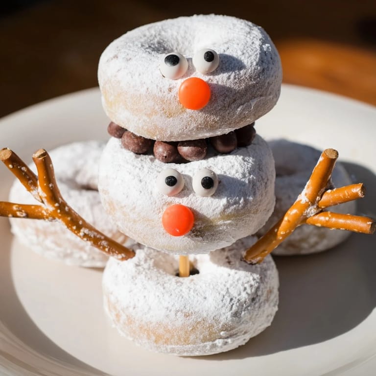 A close-up of the finished Mini Donut Snowman Stack, featuring sweet powdered donuts with candy faces.