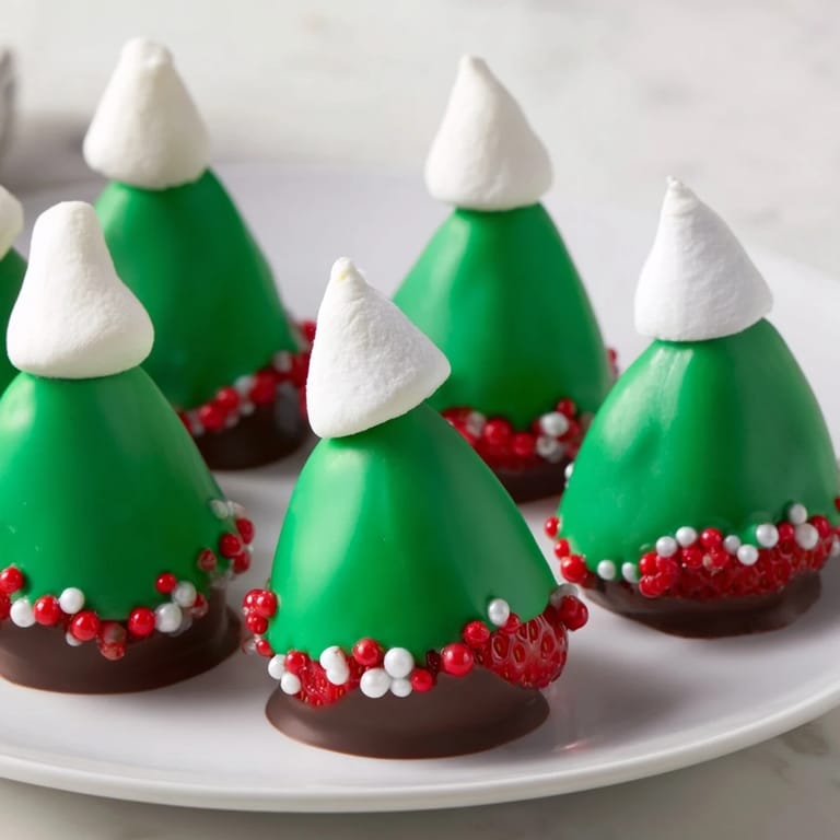 Sweet, tempting image of Elf Hat Chocolate Dipped Strawberries covered in white and green candy melts, ready to eat.