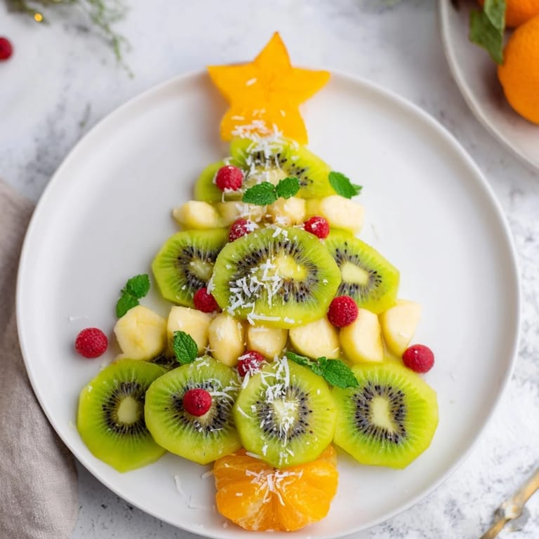 A colorful and delicious Kiwi and Raspberry Christmas Tree Fruit Plate, ready to enjoy with family.