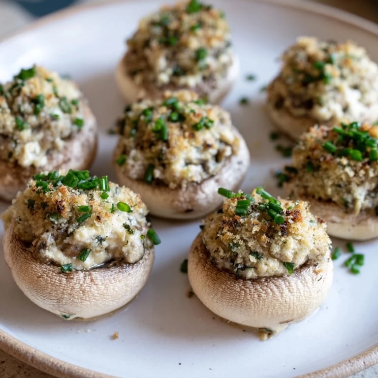 Close-up of baked Stuffed Mushroom Caps, generously filled and garnished; a vegetarian delight.
