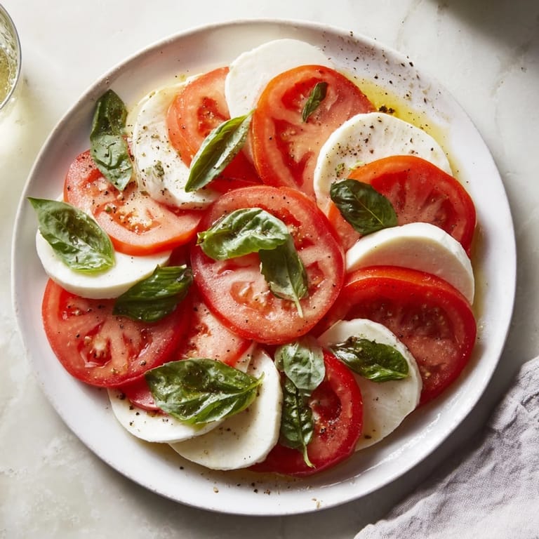 A close-up of vibrant Sliced Tomatoes and Mozzarella Rounds drizzled with olive oil, ready to be enjoyed.