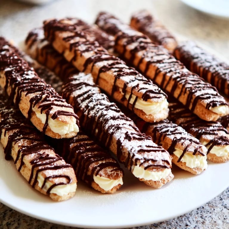 A close-up of sweet mini chocolate éclairs, filled with vanilla cream, ready to enjoy as French dessert.