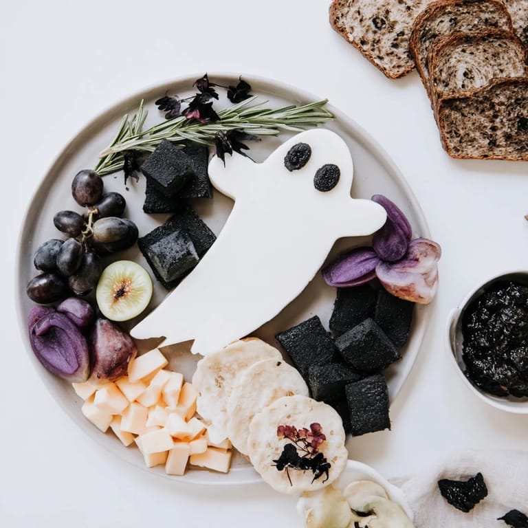 Dark cheeses and fruits create a unique, spooky Ghostly Outline Halloween Charcuterie Board for your party.