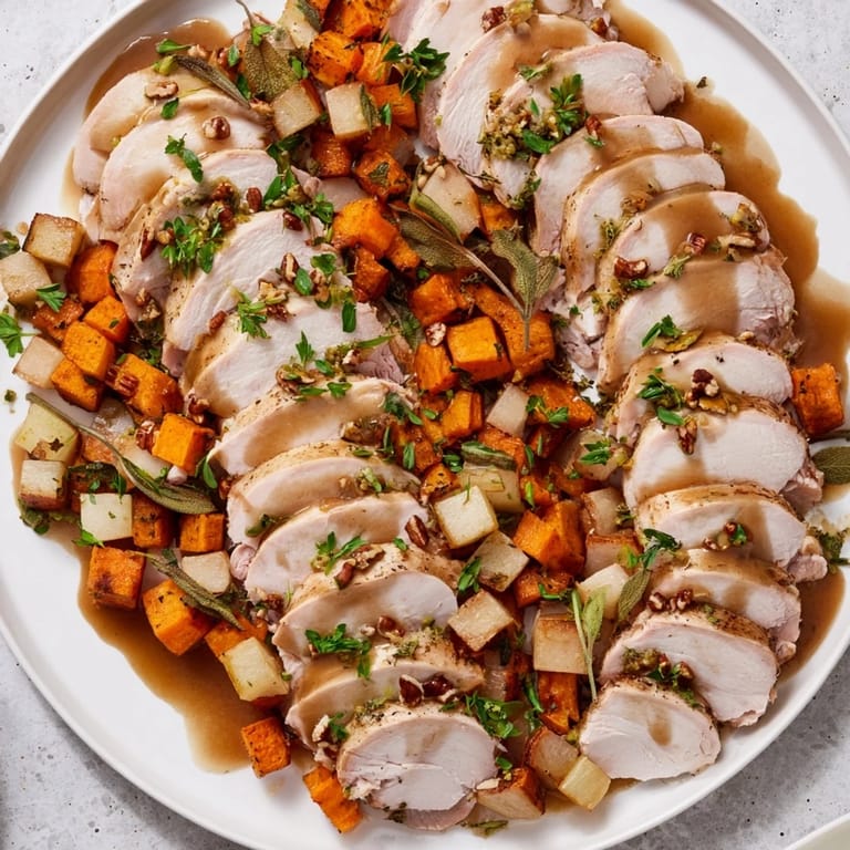 This close-up photo shows a delicious Chains of the Mayflower, ready to serve with thick gravy.