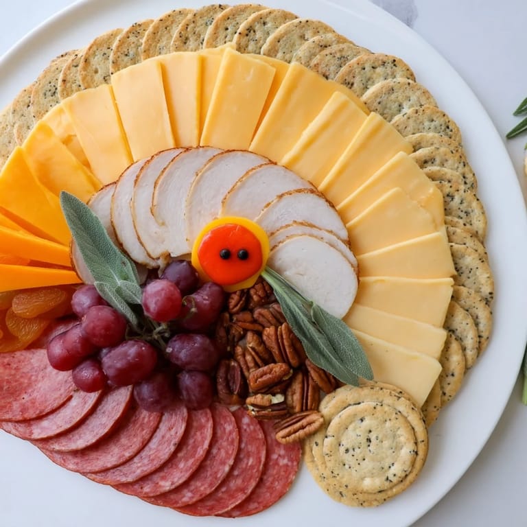 Thanksgiving appetizer, the Turkey Tail Fan, showcases colorful meats and cheeses like artisan art for guests.