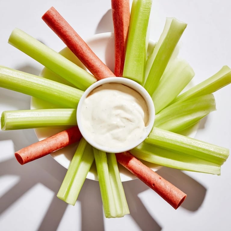 A close-up view of the delicious The Rustic Wheel featuring celery and meat sticks, ready to eat.