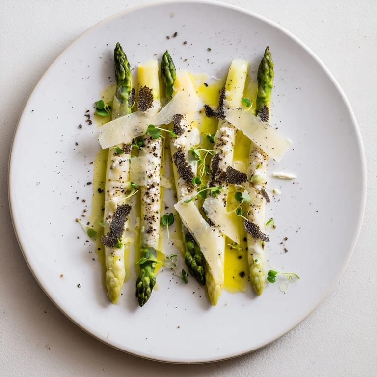 Vibrant The Silver Birch starter showcasing tender asparagus, burrata cheese, and shaved black truffle's aroma.