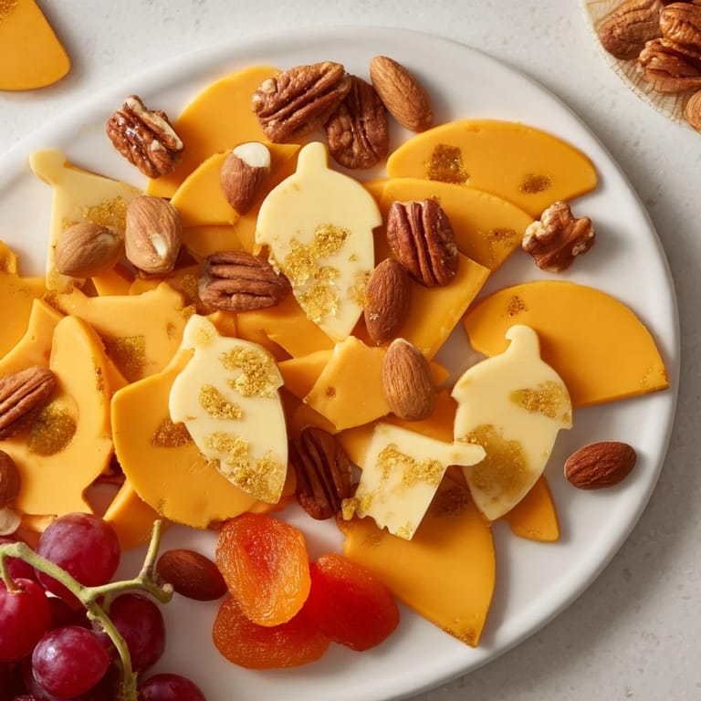 Exquisite detail: golden almonds and acorn cheeses grace this elegant The Gilded Acorn appetizer spread.
