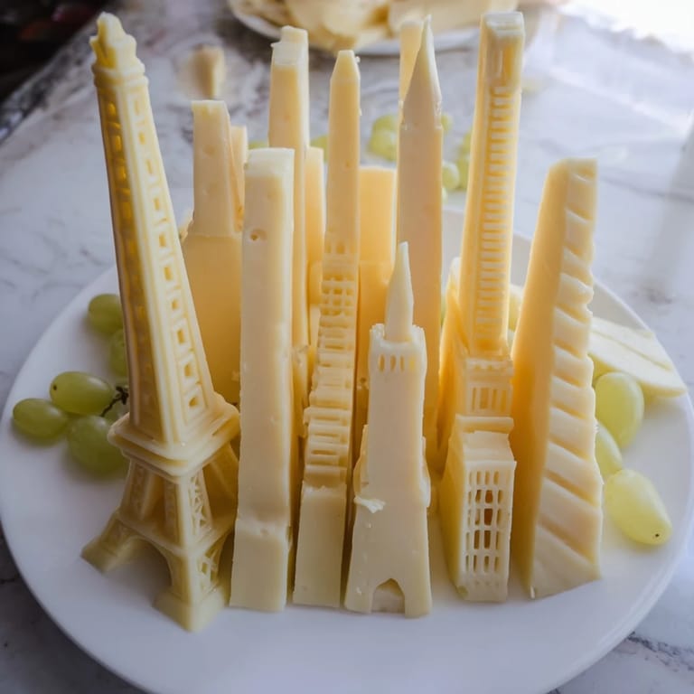 An artful Skyline Silhouette appetizer: Various cheeses form city buildings beside colorful grapes and apple slices.