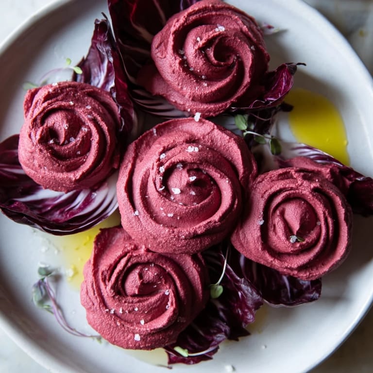Earthy and creamy, The Velvet Rose appetizer pairs beet hummus rose-swirls with fresh radicchio.