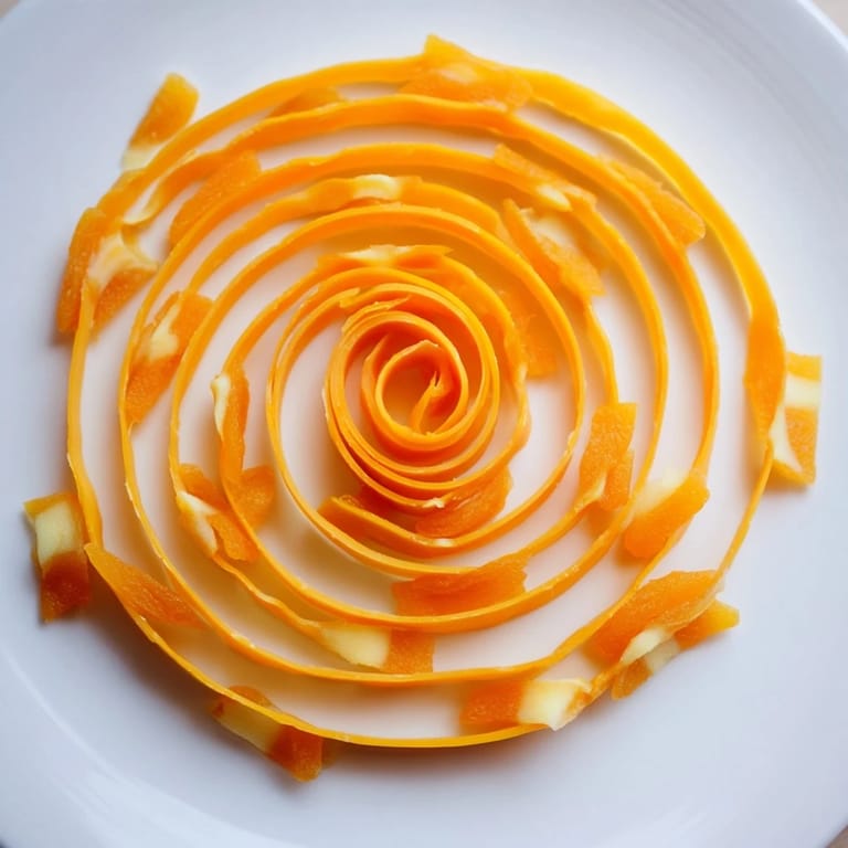 This vibrant Copper Coil features ribbons of orange cheddar artistically coiled with chewy apricot slices for easy snacking.